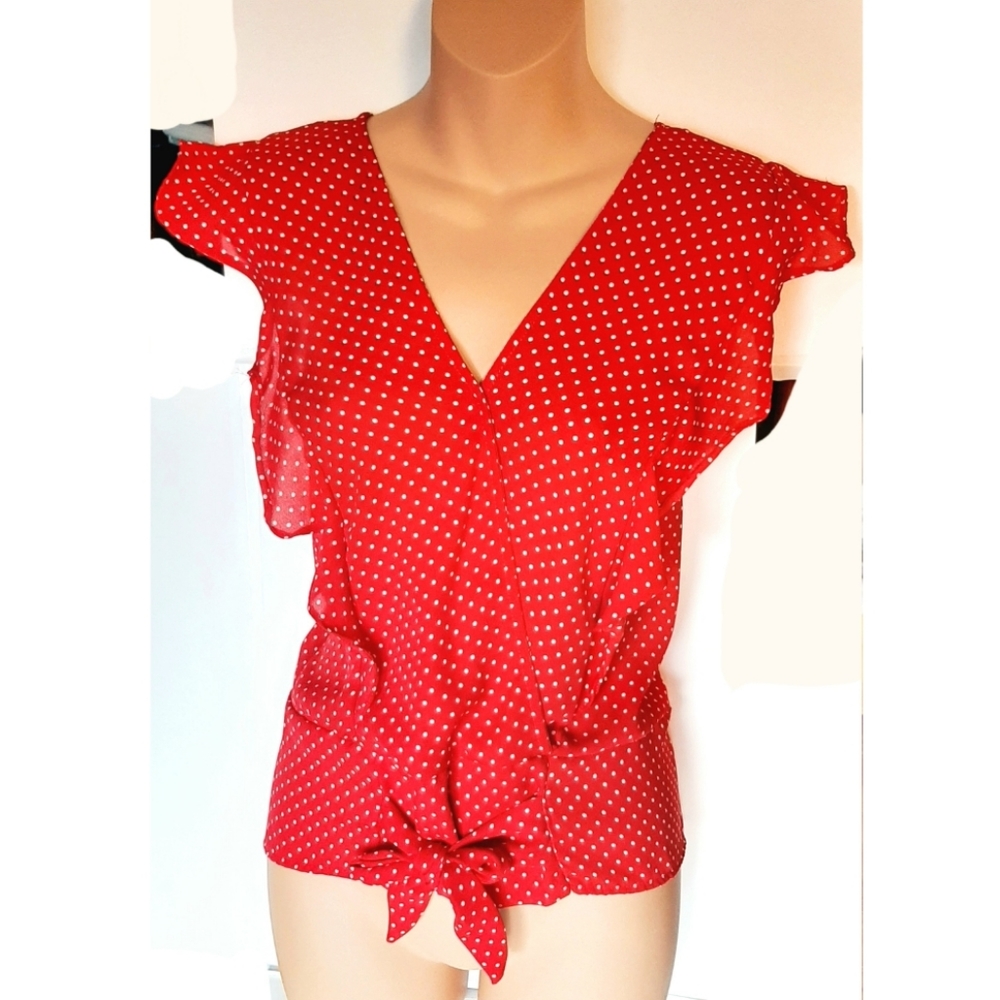 Maurices ruffle sleeve polka dot tie blouse